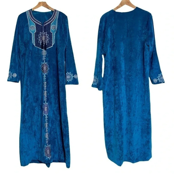 Vintage Moroccan Style‎ Exquisite Maxi Kaftan Embroidered Velvet blue silver - Picture 1 of 11